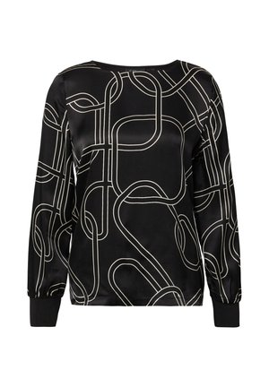Schwarzes satinierter Langarmshirt mit einem geometrischen weißen Linienmuster und abgerundeten Formen, Rundhalsausschnitt und engen Manschetten.