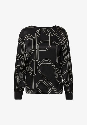 Schwarzes satinierter Langarmshirt mit einem geometrischen weißen Linienmuster und abgerundeten Formen, Rundhalsausschnitt und engen Manschetten.