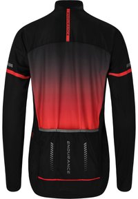Svart och röd cykeljacka med gradientdesign, dragkedjekaft, reflekterande detaljer och tre bakfickor för förvaring. Hållbart material.