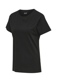 T-shirt noir à manches courtes avec col rond et coupe régulière, présenté sur fond blanc.
