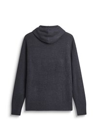 Tamno sivi dukserica s kapuljačom, rebrastog uzorka, dugih rukava i opuštenog kroja. Jednostavan dizajn bez dodatnih uzoraka ili akcenta.