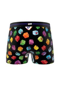 Caleçons avec une base noire, présentant un motif coloré de formes de cubes en 3D dans différentes couleurs et designs, y compris des accents rouges. Ceinture élastique.