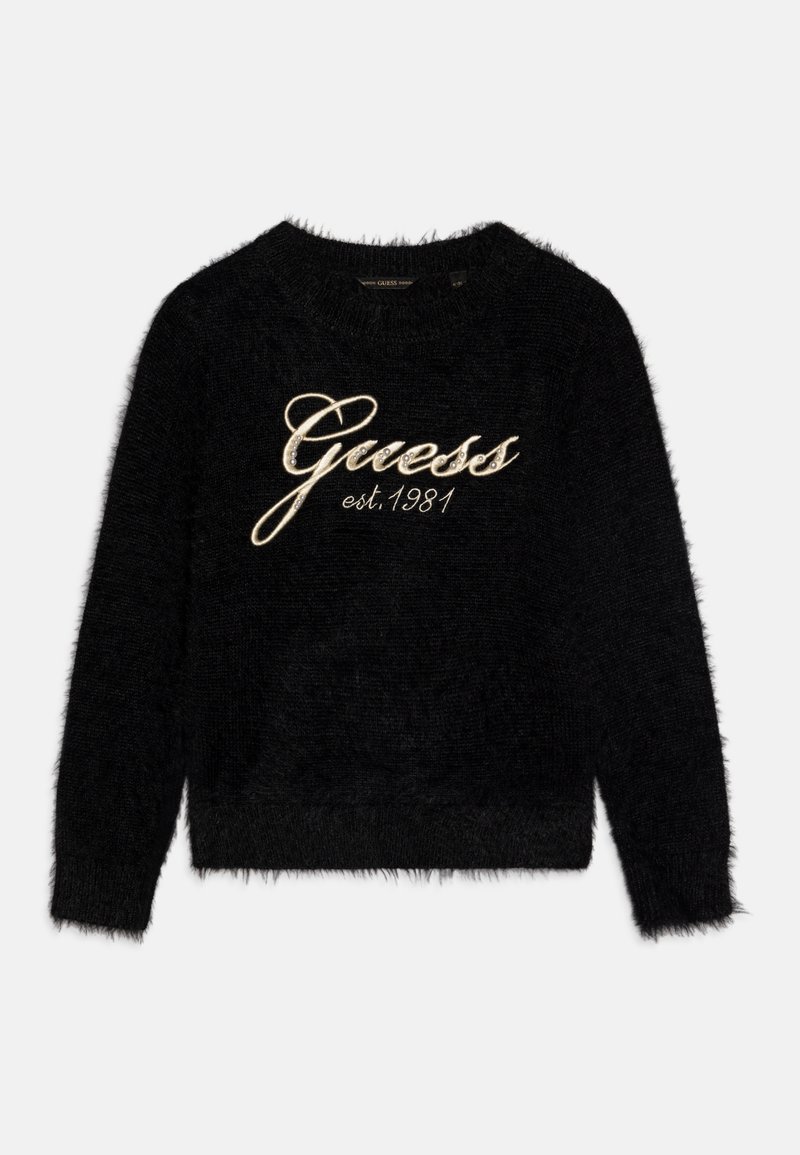 Schwarzer, flauschiger Pullover mit Rundhalsausschnitt. Verziert mit goldener und strassbesetzter Stickerei "Guess" sowie der Aufschrift "est.1981" darunter. Weiche Textur.