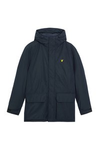 Marinblå vattentät jacka med huva, som har två framfickor, justerbara muddar och en liten gul logotyp på bröstet.