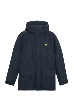 Giacca impermeabile blu navy con cappuccio, dotata di due tasche frontali, polsini regolabili e un piccolo logo giallo sul petto.