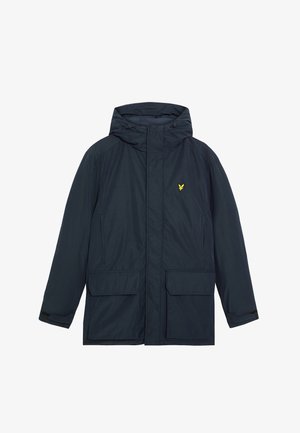 Marineblaue wasserdichte Jacke mit Kapuze, zwei Fronttaschen, verstellbaren Manschetten und einem kleinen gelben Logo auf der Brust.