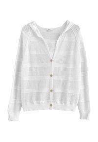 Witte gebreide cardigan met een capuchon, voorzien van een gestructureerd gestreept patroon, knoopsluiting aan de voorkant en ribgebreide manchetten.