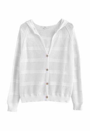Cardigan blanc tricoté avec capuche, présentant un motif texturé à rayures, un fermoir à boutons à l'avant et des poignets côtelés.