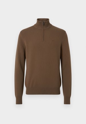 Brauner gestrickter Pullover mit hohem Kragen und einem halben Reißverschluss. Verfügt über gerippte Bündchen und Saum und besteht aus einem strukturierten Stoff.