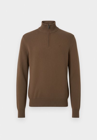 Pull en laine marron avec un col montant et une demi-fermeture éclair. Il dispose de poignets et d'un ourlet côtelés et est fabriqué dans un tissu texturé.