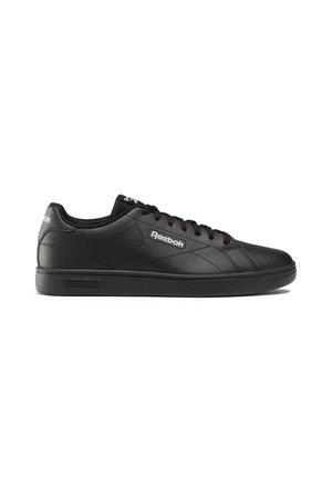 Sorte lædersneakers med et strømlinet design, der har en gummisål, rundt tå og Reebok-logo på siden og pløsen.
