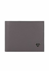 Portafoglio bifold grigio testurizzato con logo nero triangolare Guess nell'angolo in basso a destra su sfondo bianco.