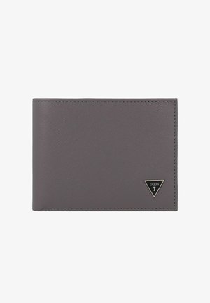 Gray textured bi-fold wallet with black triangular Guess logo in the bottom right corner on a white background.