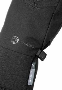 Schwarze Handschuh aus R-TEXXT-Material, mit strukturierter Oberfläche, verstellbarem Riemen mit Schnalle und R-WOOL-Branding-Detail.