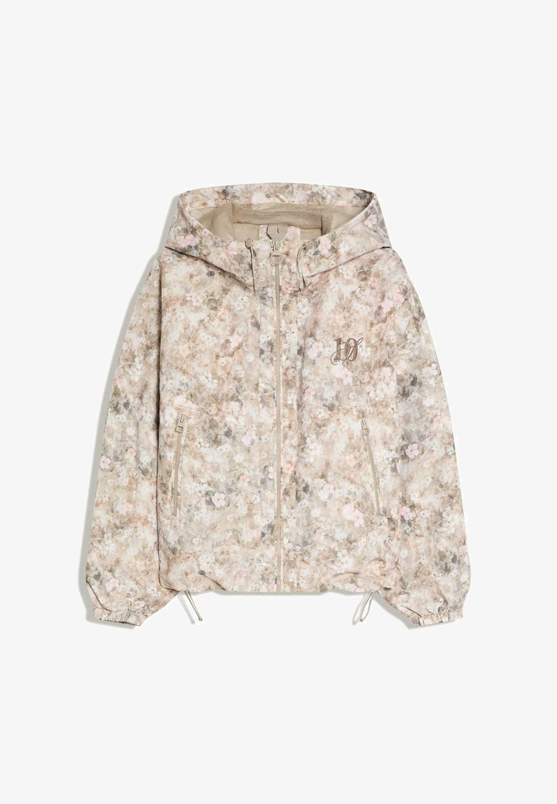 Svetlo béžová bunda s kapucňou s pastelovým kvetinovým vzorom, predný zips, bočné vrecká na zips, elastické manžety a sťahovacia šnúrka v páse.