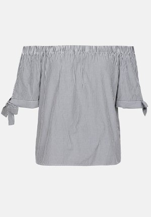 Navy og hvid stribet off-the-shoulder top med elastisk udskæring, korte ærmer og knyt detaljer på ærmerne. Letvægts bomuldsstof.