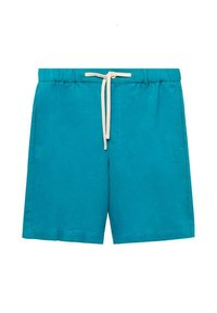 Pantaloni shorts turchesi realizzati in tessuto leggero, con una vita elastica e un cordino beige, taglio dritto e senza tasche.