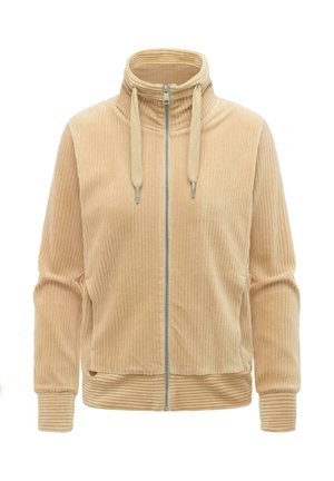 Beige, gerippte Reißverschlussjacke mit hohem Kragen, Kordelzügen und langen Ärmeln, designed für den Freizeitgebrauch.