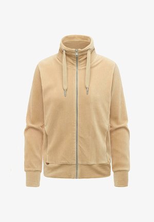 Beżowa prążkowana kurtka na zamek z wysokim kołnierzem, sznurkami i długimi rękawami, zaprojektowana na casual.