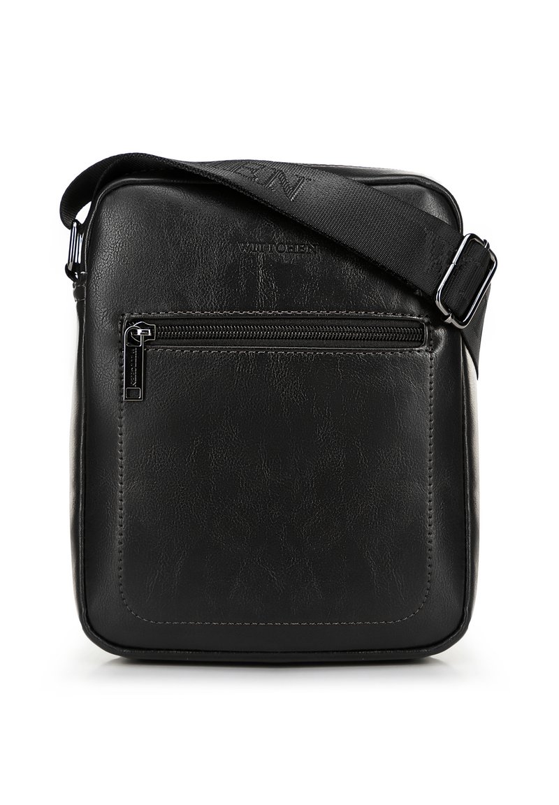 Borsa a tracolla in pelle nera con superficie testurizzata, tracolla regolabile e tasca frontale con zip. Design minimalista con un branding discreto.