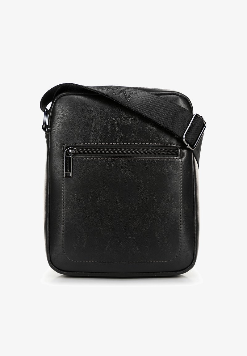 Borsa a tracolla in pelle nera con superficie testurizzata, tracolla regolabile e tasca frontale con zip. Design minimalista con un branding discreto.