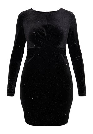 Black velvet dress with long sleeves, featuring a twisted bodice and scattered glitter accents. Smooth texture and fitted silhouette.