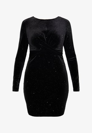 Black velvet dress with long sleeves, featuring a twisted bodice and scattered glitter accents. Smooth texture and fitted silhouette.