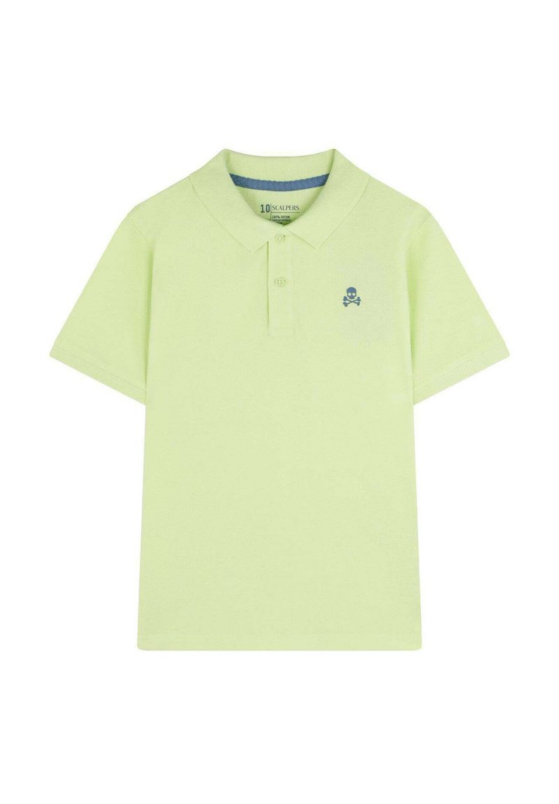 Polo en vert clair, fabriqué en tissu texturé. Dispose d'un col classique et d'un petit logo de crâne bleu sur la poitrine gauche. Manches courtes.
