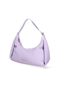 Borsa a spalla viola con trama, dalla silhouette curvata, con una tracolla liscia e un accento in metallo dorato sulla parte anteriore. Chiusura con zip.