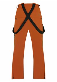 Oranje buitenbroeken met een ontspannen pasvorm, voorzien van elastische schouderbanden, zijzakken met rits en lagere zijritsen voor gemakkelijk aan- en uittrekken.