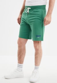 Pantalones cortos de algodón verdes con bolsillos laterales, cintura elástica, cordón ajustable y logo azul en el dobladillo izquierdo. Combinados con zapatillas blancas.