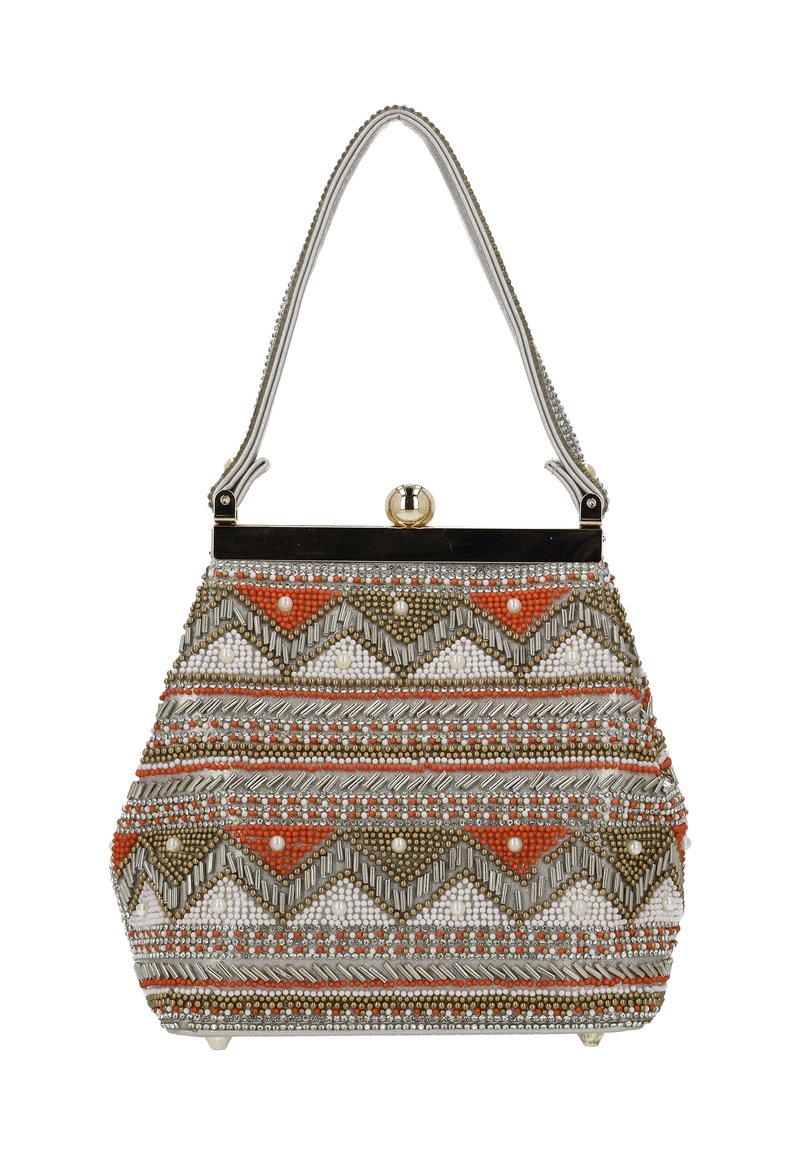 Gyöngyös kézitáska narancssárga, fehér és arany cikkcakk mintával. Ezüst lánc pánttal és aranyszínű kapoccsal rendelkezik. Strukturált formájú.