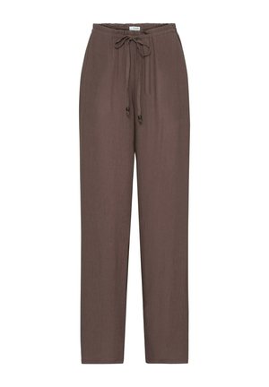 Pantalon léger en tissu marron avec taille élastique et cordon de serrage orné de petites perles foncées aux extrémités, coupe droite.