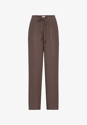 Pantalon léger en tissu marron avec taille élastique et cordon de serrage orné de petites perles foncées aux extrémités, coupe droite.