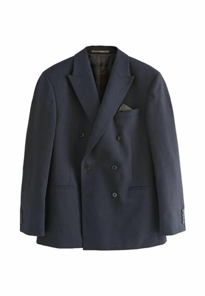 Marineblauer doppelt-knöpfbarer Blazer mit Spitzenklappen, sechs Knöpfen, Fronttaschen und einem gefalteten Taschentuch in der Brusttasche.