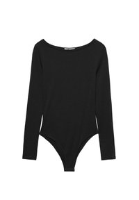 Svart långärmad bodysuit i mjukt bomullstyg, med en bred ringning och en trossnitt, utformad för en figurnära silhuett.