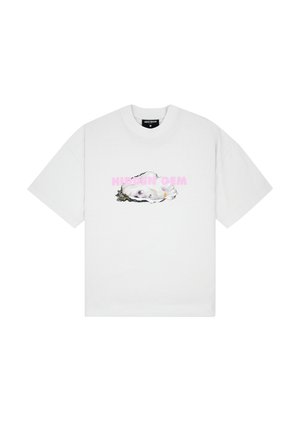 T-shirt blanc oversize avec un motif coquille d'huître et le texte « HIDDEN GEM » en rose centré sur la poitrine.