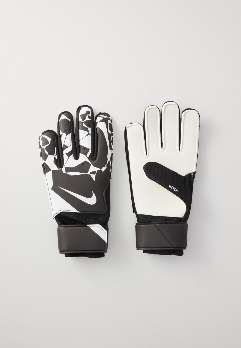 Black and white goalkeeper gloves featuring a textured pattern, padded palms, and adjustable wrist straps for secure fit.