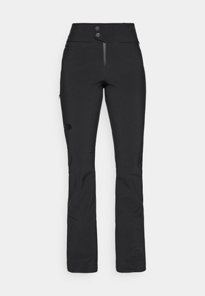 Schwarze Outdoor-Hosen aus dehnbarem Material, mit hoher Taille, zwei Knöpfen, einer Reißverschlusstasche und einem Logo am unteren Bein.