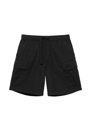 Czarne casualowe szorty z elastycznym pasem, sznurkiem, bocznymi kieszeniami oraz dużymi kieszeniami cargo z klapą na każdej nodze.