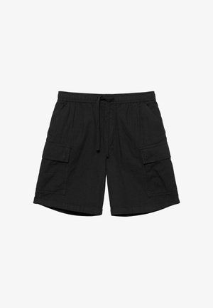 Črne priložnostne kratke hlače z elastičnim pasom, vrvico, stranskimi žepi in velikimi žepki z zatesnitvijo na obeh nogah.