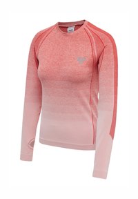 Langärmeliges Damen-Sportoberteil in Rot- und Pinkverlauf mit Rundhalsausschnitt und Daumenlöchern an den Bündchen, mit dezentem Logo auf der Brust.