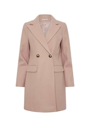 Manteau croisé en mélange de laine rose doux, doté de revers en pointe, de deux poches avant et d'accents en boutons dorés.