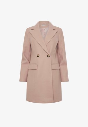 Dubbelzijdige jas in zachte roze wolmix, met pieken op de revers, twee voorzakken en accenten van gouden knopen.