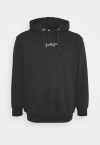 Felpa nera con cappuccio e coulisse, caratterizzata dalla scritta "Jack&Jon" ricamata in bianco. Tessuto morbido, polsini e vita a coste. Design casual.