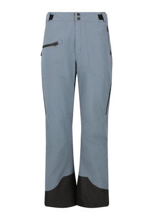 Miestne svetlo modré vonkajšie nohavice s čiernymi vystuženými manžetami, bočnými vreckami na zips a nastaviteľnými pásmi.