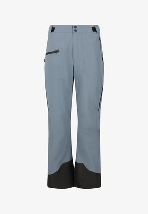 Mænds lyseblå udendørsbukser med sorte forstærkede manchetter, lynlåslommer på siden og justerbare taljebånd.