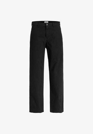 Crne hlače ravnog kroja s petljama za remen i prednjim zatvaračem na dugme, prikazane na bijeloj pozadini.