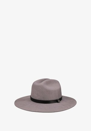 Grey wide-brimmed felt hat with a black leather band and a small metal button detail on the side.