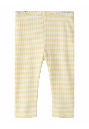 Yellow and white striped ribbed fabric baby leggings with elastic waistband, laid flat on a white background.
